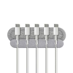 A grey cable organiser with several white charging cables neatly arranged on it. It features a branding logo.