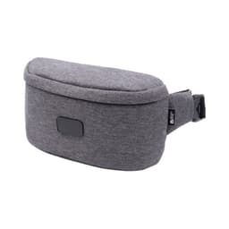A grey sling bag with a smooth, rounded design, featuring a buckle strap and a logo.