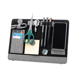 A grey laptop organiser featuring pens, scissors, a notepad, phone holder, and various compartments for cards and tools.