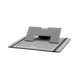 A grey clipboard organiser with a tablet stand, featuring a textured surface and elastic closure. It has a logo.
