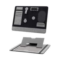 A grey and black clipboard organiser with compartments for stationery and a device holder. It features a logo.