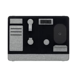 A grey and black laptop organiser features compartments for stationery and accessories, with a logo present.