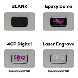 A variety of promotional plate designs featuring an epoxy dome, digital printing, and laser engraving on aluminium.