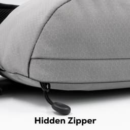 A grey Sling Eco Bag featuring a textured surface and a hidden zipper detail. Includes a logo on the side.