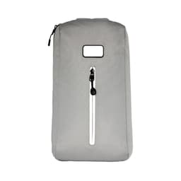 A grey eco bag with a zippered front pocket and a simple design. It features a logo on the surface.