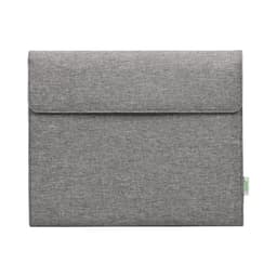 A grey business folio with a flap closure, featuring a logo and a textured fabric finish.