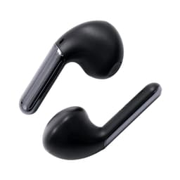 Black true wireless earbuds with a sleek design and a shiny finish, featuring a logo on the side.