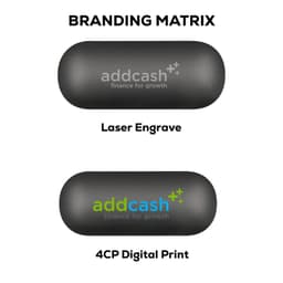 A black case for wireless earbuds featuring different printing options, including a laser engraving and a full-colour digital print.