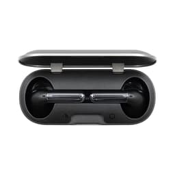 A pair of black true wireless earbuds stored in a black charging case with a silver hinge.