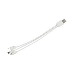A white multi charge cable with a USB connector and three compatible charging ends. It has a branding logo.