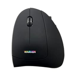 A black ergonomic wireless mouse with a scroll wheel and a logo displayed on the side.