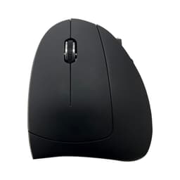 An ergonomic wireless mouse in black, featuring a scrolling wheel and a smooth curved design.