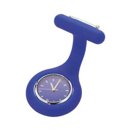 A blue silicone nurses watch with a clip and a round face displaying the time. Features a logo as well.
