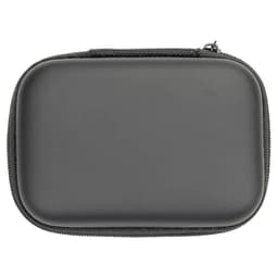 A black zippered case with a smooth exterior, featuring a zipper closure and a logo.