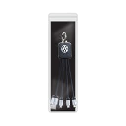 A keychain with multiple charging cables in black, featuring a logo on a rectangular holder.