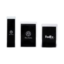 Three press lock pouches in various sizes, featuring logos on a black background. Made from clear plastic.