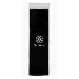 A clear press lock pouch featuring a black insert and a logo on the front.