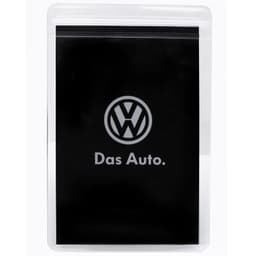 A clear press lock pouch with a black interior and a logo presented on the front.