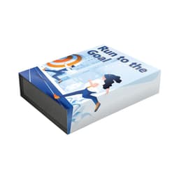A promotional gift box featuring a running theme in blue and orange, with an illustration on the cover and a black interior.