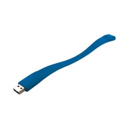 A blue silicone wristband with a USB connector on one end and a branded logo.