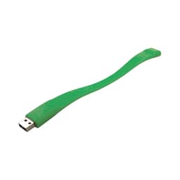 A green silicone wristband with a USB connector at one end, featuring a brand logo.