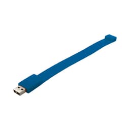 A blue silicone wristband with a USB connector at one end and a logo on the band.