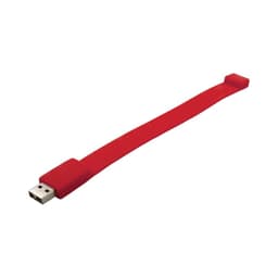 A red silicone wristband with a USB connector on one end, featuring a branding logo.