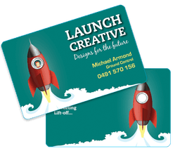 A business card featuring a rocket design with a teal background, showcasing a logo and contact information.