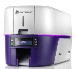 A card printer in white and purple, featuring a front loading slot and a control panel. It has a logo on top.