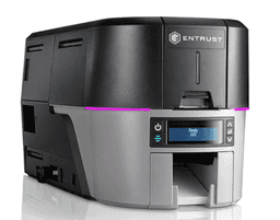 A card printer featuring a black and grey design with a display panel and a logo.