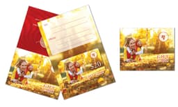 A card wallet featuring a $20 gift card design with autumn colours and a smiling child. It includes a space for a message.
