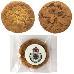Mixed biscuits in a cello bag, featuring two types of cookies: a light and a dark brown cookie, both with a logo on the packaging.