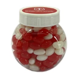 A plastic jar filled with red and white jelly beans, featuring a white lid and branding on top.
