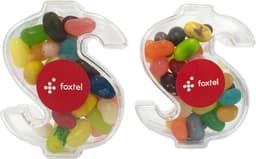 Acrylic dollar-shaped container filled with assorted colourful JELLY BELLY jelly beans, featuring a logo.