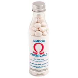 A drink bottle filled with white mints, featuring a logo and a clear, transparent design.