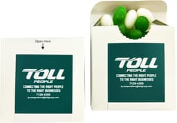 A flip lid cardboard box containing green and white jelly beans, featuring a logo on the front.