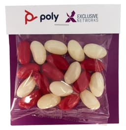 A bag containing red and white jelly beans, sealed in a transparent packaging with a logo.
