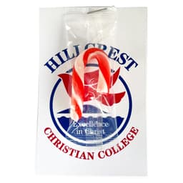 A red and white striped candy cane packaged with a card featuring a logo.
