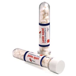 Test tubes filled with white mints, featuring a clear container and a white cap. One tube is upright, the other is lying down.