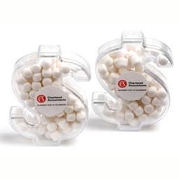 Acrylic dollar-shaped container filled with white mints, featuring a logo on the front.