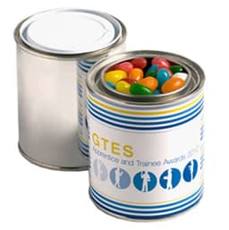 A paint tin filled with colourful jelly beans, featuring a striped design and a blank silver lid.