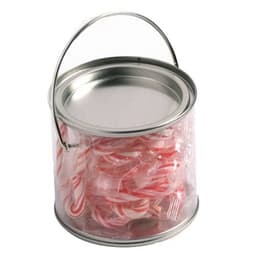 A medium clear PVC bucket filled with red and white striped candy canes, featuring a metal handle.