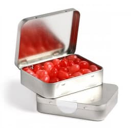A silver rectangle hinge tin filled with red mini jelly beans. The tin is open, showing the vibrant candies inside.