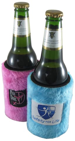 Two fluffy drink coolers, one in pink and one in blue, both holding 355ml bottles, featuring different logos.