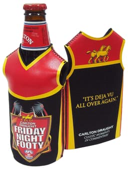 A drink bottle cooler in red, black, and gold, featuring a football jersey design and a logo.
