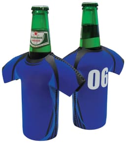 A drink bottle cooler in the shape of a blue soccer jersey with a number on the back and a logo.
