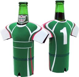 A drink bottle cooler designed like a green soccer jersey with pink accents, featuring a small number on the front.