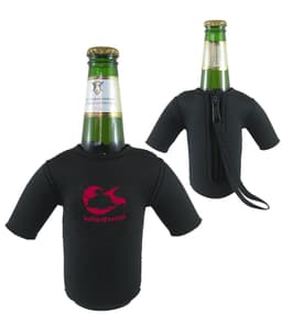 A drink bottle covered in a black wetsuit-style cooler, featuring short sleeves and a logo.