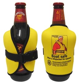 A drink bottle holder in bright yellow neoprene with a black strap and a logo featuring safety messaging on the side.