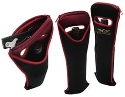 A black wine bag with a maroon trim and a waiter's friend corkscrew, featuring a logo.